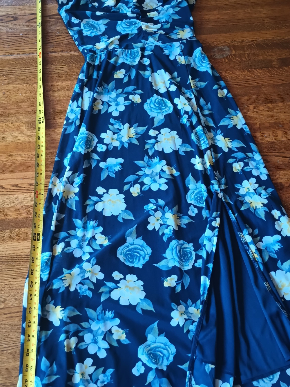 EMBER Floral Maxi Dress Blue White Flowers Flutter Sleeve Slit Size M